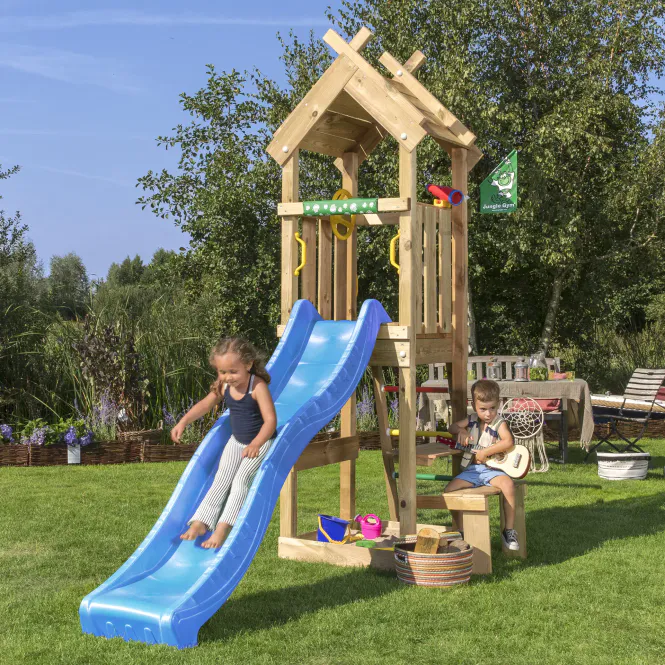 Hovedbilde Leketårn med blå sklie, sandkasse og piknikbord